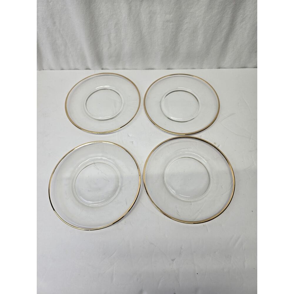 Gold RImmed Glass 6.5" Dessert Plates, Clear Glass Plates, Set Of 4